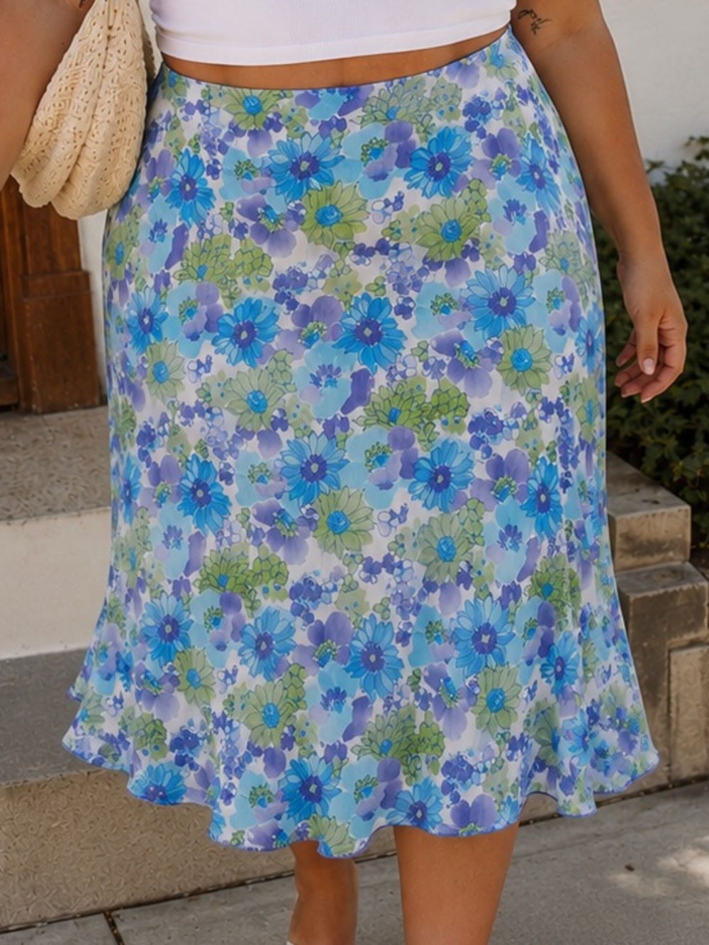Dressbarn Floral Midi Skirt Ruffle Hem Plus Size 18 Vintage 90s Blue Purple Soft